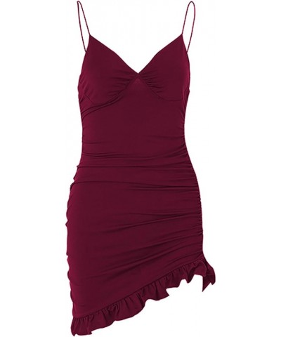 Women's Sexy Ruffle Hem Spaghetti Straps Bodycon Dress V Neck Party Mini Dresses A-burgundy $8.39 Dresses