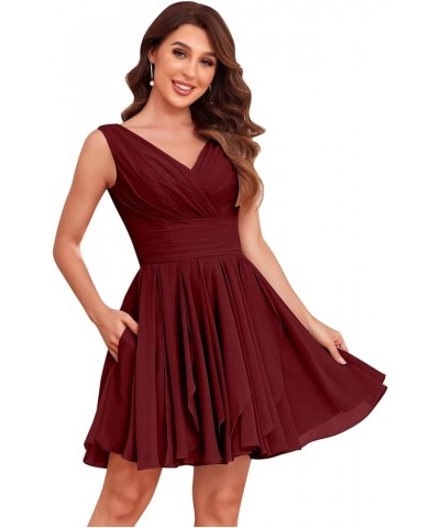 Women's V Neck A-Line Bridesmaid Dresses Short for Wedding Pleated Formal Party Gown with Pockets Burgundy $30.24 Dresses