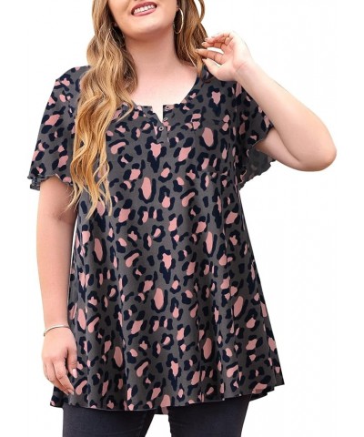 Womens Plus Size Short Sleeve Henley Shirts Casual Loose Tunic Top With Pockets Leopard $10.99 Tops