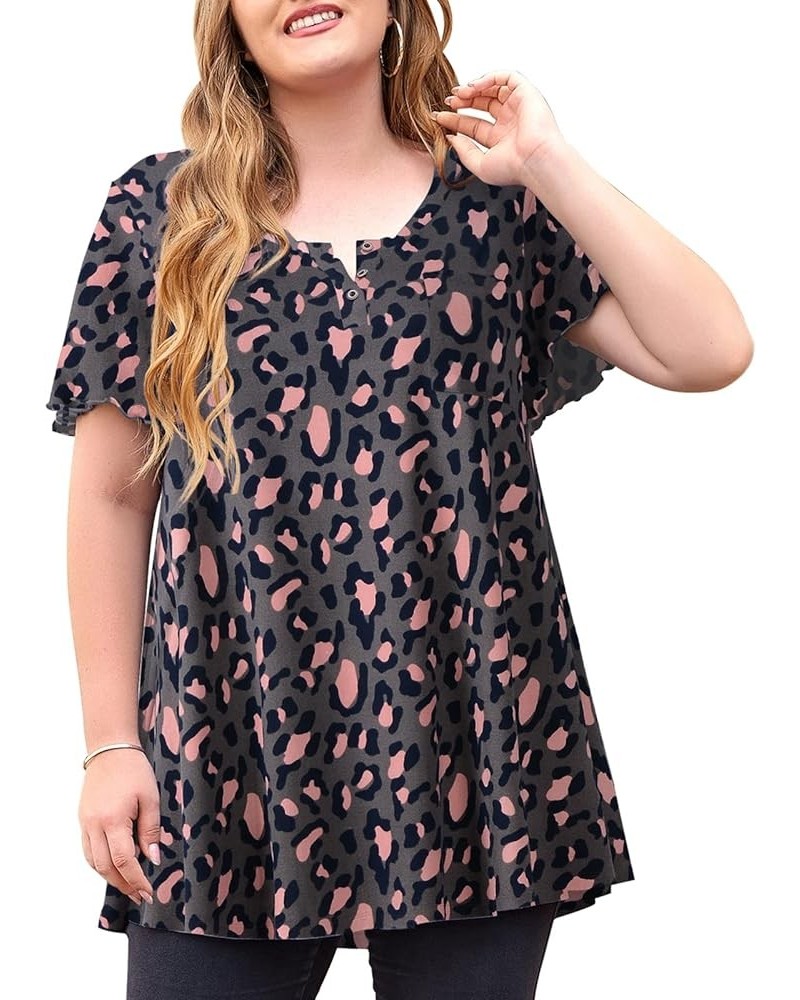 Womens Plus Size Short Sleeve Henley Shirts Casual Loose Tunic Top With Pockets Leopard $10.99 Tops