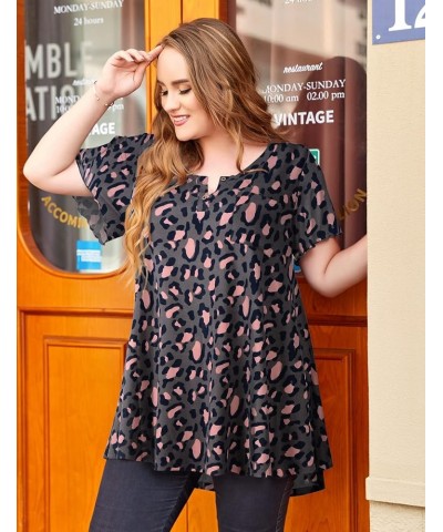 Womens Plus Size Short Sleeve Henley Shirts Casual Loose Tunic Top With Pockets Leopard $10.99 Tops