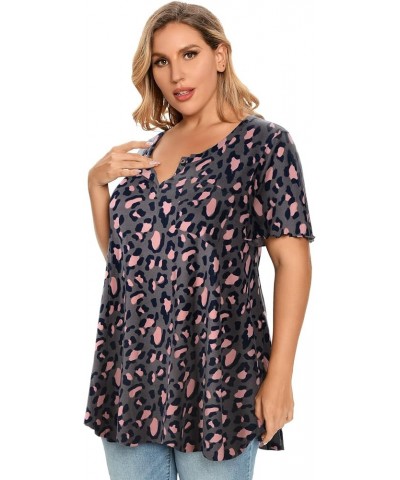 Womens Plus Size Short Sleeve Henley Shirts Casual Loose Tunic Top With Pockets Leopard $10.99 Tops