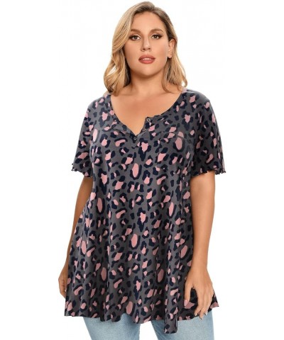 Womens Plus Size Short Sleeve Henley Shirts Casual Loose Tunic Top With Pockets Leopard $10.99 Tops