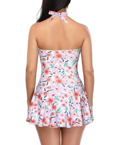 Women's Halter One Piece Skirt Swimsuit Ruched Swimdress Tummy Control Bathing Suit Pink Flower $22.41 Swimsuits