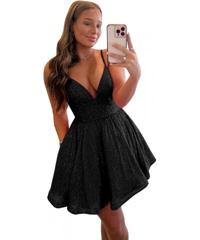 Sparkly Sequin Homecoming Dresses Short Prom Dresses V Neck Mini Cocktail Party Dress B-black $32.20 Dresses