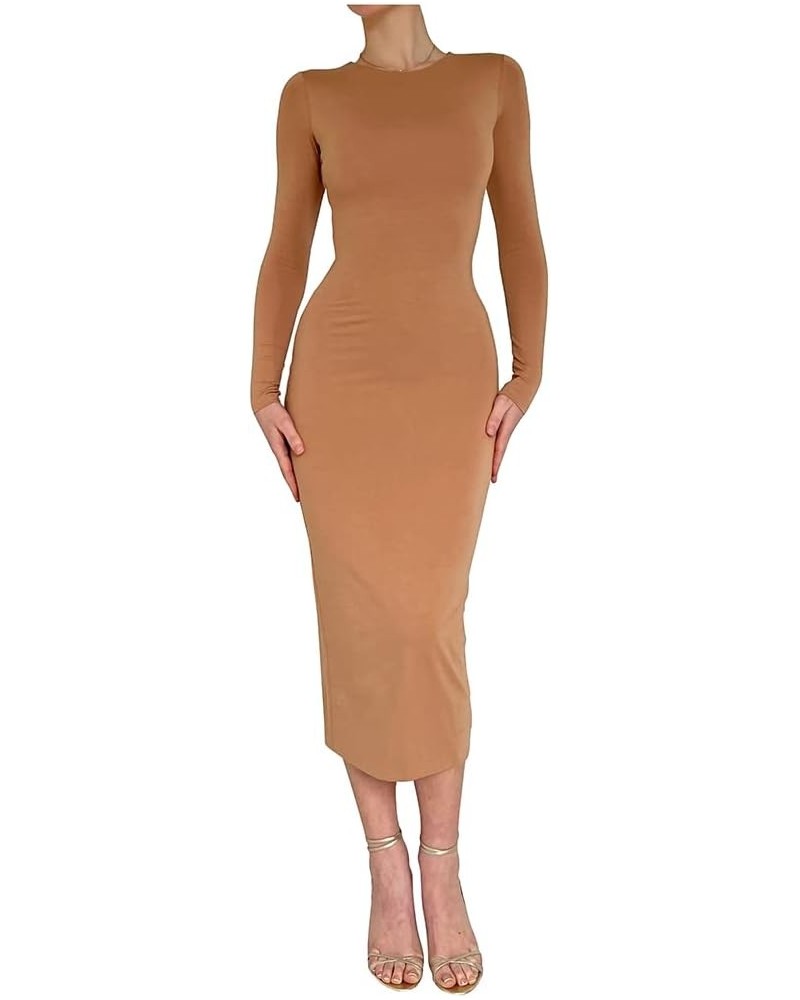 Solid Long Sleeve Square Neck Bodycon Maxi Long Pencil Dress Brown1 $17.35 Dresses