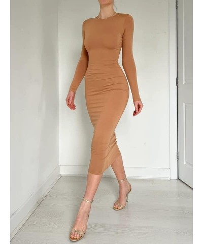 Solid Long Sleeve Square Neck Bodycon Maxi Long Pencil Dress Brown1 $17.35 Dresses