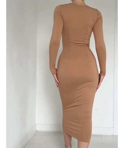 Solid Long Sleeve Square Neck Bodycon Maxi Long Pencil Dress Brown1 $17.35 Dresses