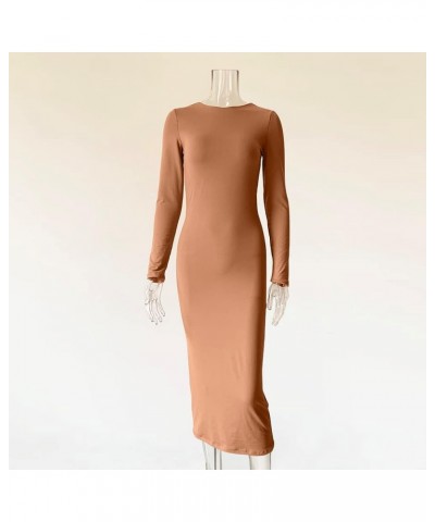 Solid Long Sleeve Square Neck Bodycon Maxi Long Pencil Dress Brown1 $17.35 Dresses