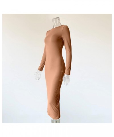 Solid Long Sleeve Square Neck Bodycon Maxi Long Pencil Dress Brown1 $17.35 Dresses