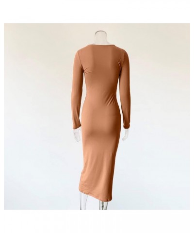 Solid Long Sleeve Square Neck Bodycon Maxi Long Pencil Dress Brown1 $17.35 Dresses