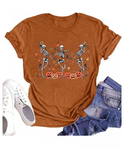 Dancing Skeleton Shirt for Women Happy Halloween T-Shirt Fall Skull Graphic Tees Tops Blouse Gift Brown4 $15.92 T-Shirts