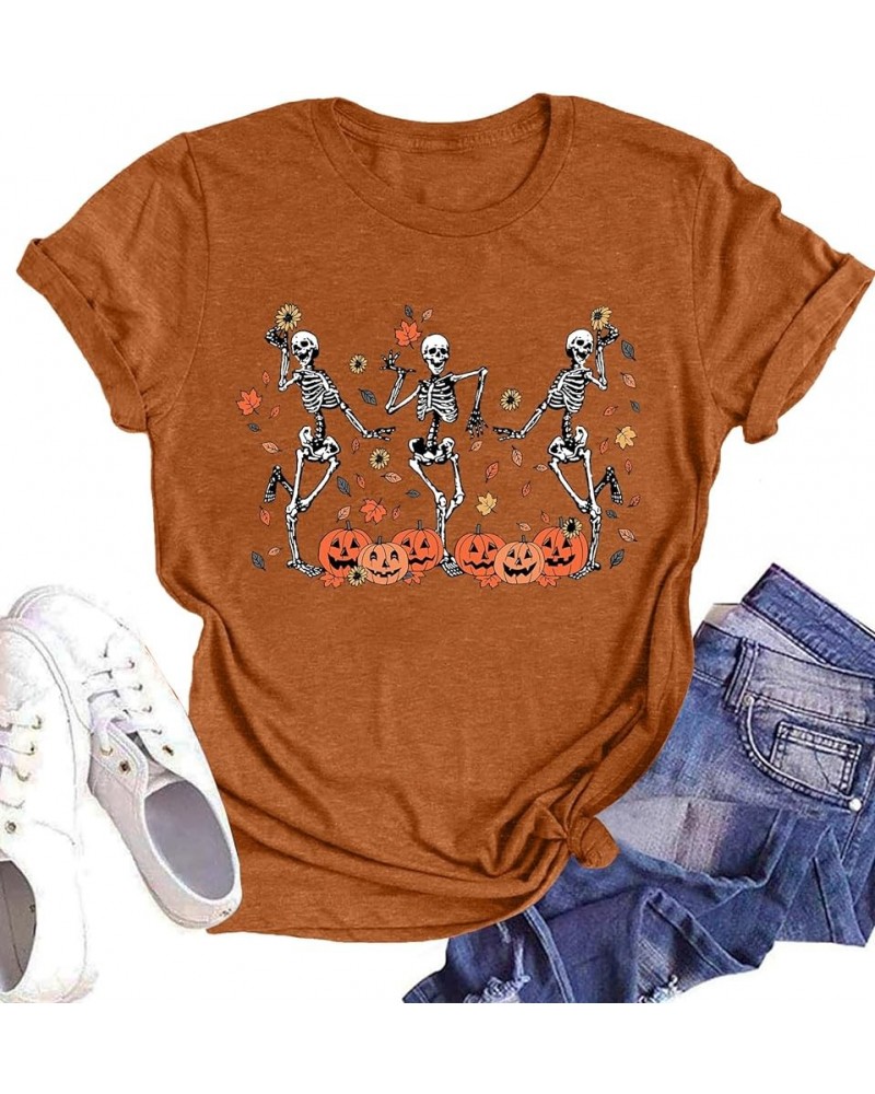 Dancing Skeleton Shirt for Women Happy Halloween T-Shirt Fall Skull Graphic Tees Tops Blouse Gift Brown4 $15.92 T-Shirts