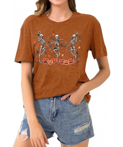 Dancing Skeleton Shirt for Women Happy Halloween T-Shirt Fall Skull Graphic Tees Tops Blouse Gift Brown4 $15.92 T-Shirts