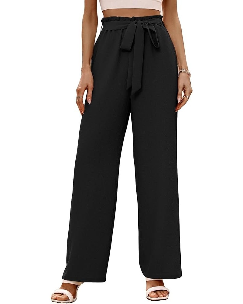 Women's High Waisted Pockets Work Office Palazzo Wide Leg Pants Belted Black $18.35 Pants