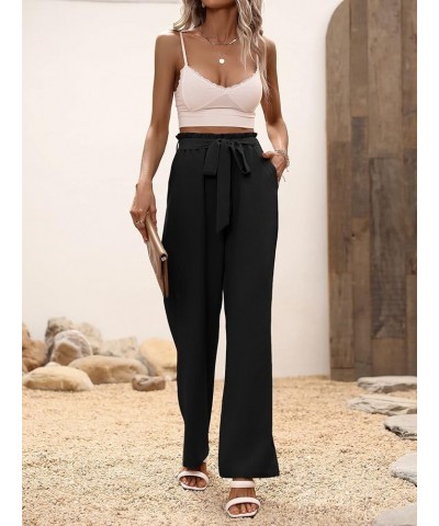 Women's High Waisted Pockets Work Office Palazzo Wide Leg Pants Belted Black $18.35 Pants