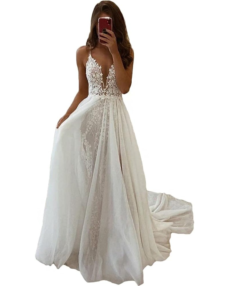 Women Wedding Dresses A-line V-Neck Tulle Lace Backless Boho Wedding Gown Bridal Dresses Style 2-ivory $42.81 Dresses