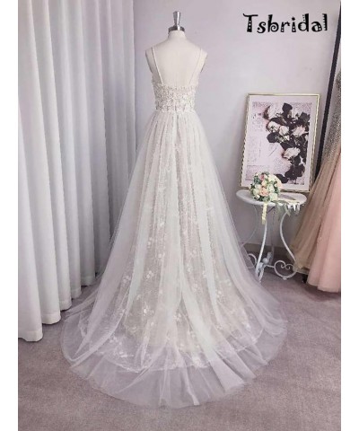 Women Wedding Dresses A-line V-Neck Tulle Lace Backless Boho Wedding Gown Bridal Dresses Style 2-ivory $42.81 Dresses