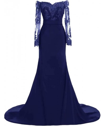 Women's Elegant Off Shoulder Appliques Evening Dresses Long Sleeves Mermaid Bridesmaid Dress Navy Blue $46.55 Dresses