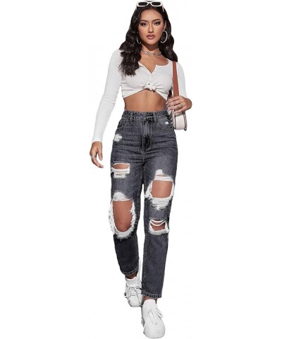 Women's High Waisted Ripped Raw Hem Skinny Jeans Distressed Cut Out Pants Solid Dark Grey $26.51 Jeans