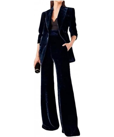 Women's 2 Piece Velvet Suit Office Work Suit Notch Lapel Double Breasted Blazer Pants Business Suit Set Navy $24.80 Suits