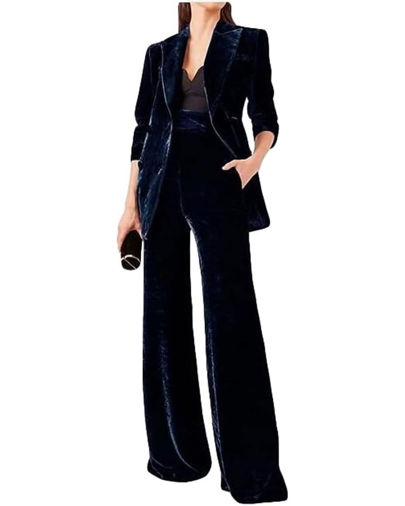 Women's 2 Piece Velvet Suit Office Work Suit Notch Lapel Double Breasted Blazer Pants Business Suit Set Navy $24.80 Suits