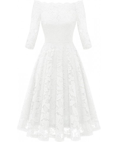 Women Floral Lace Bridesmaid Party Dress High Low Hem V Neck Formal Dresses for Wedding, Cocktail Flat Hem & 3/4 Sleeve-white...