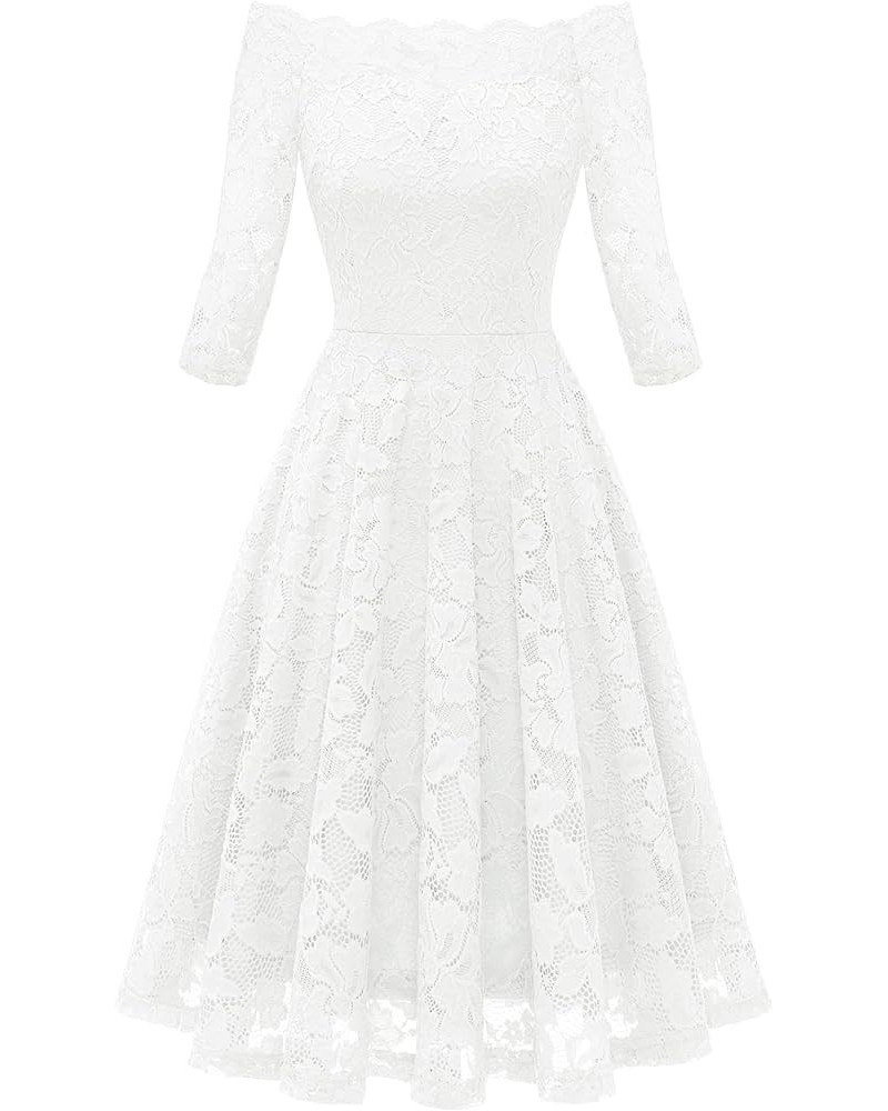 Women Floral Lace Bridesmaid Party Dress High Low Hem V Neck Formal Dresses for Wedding, Cocktail Flat Hem & 3/4 Sleeve-white...