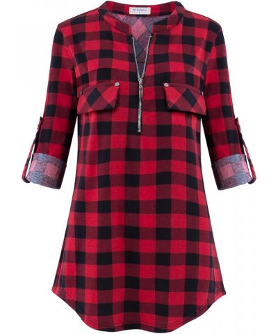 Women's Zip Front V-Neck 3/4 Sleeve Tunic Casual Top A-black Red Plaid $18.23 Sweaters