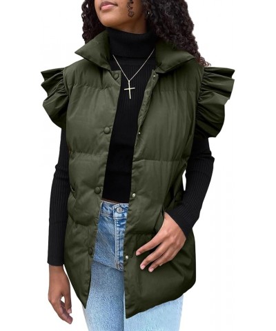 Women's Ruffled Puffer Vests Winter Button Down Padded Qulited Gilet Jacket with Pocket Army Green $22.50 Jackets