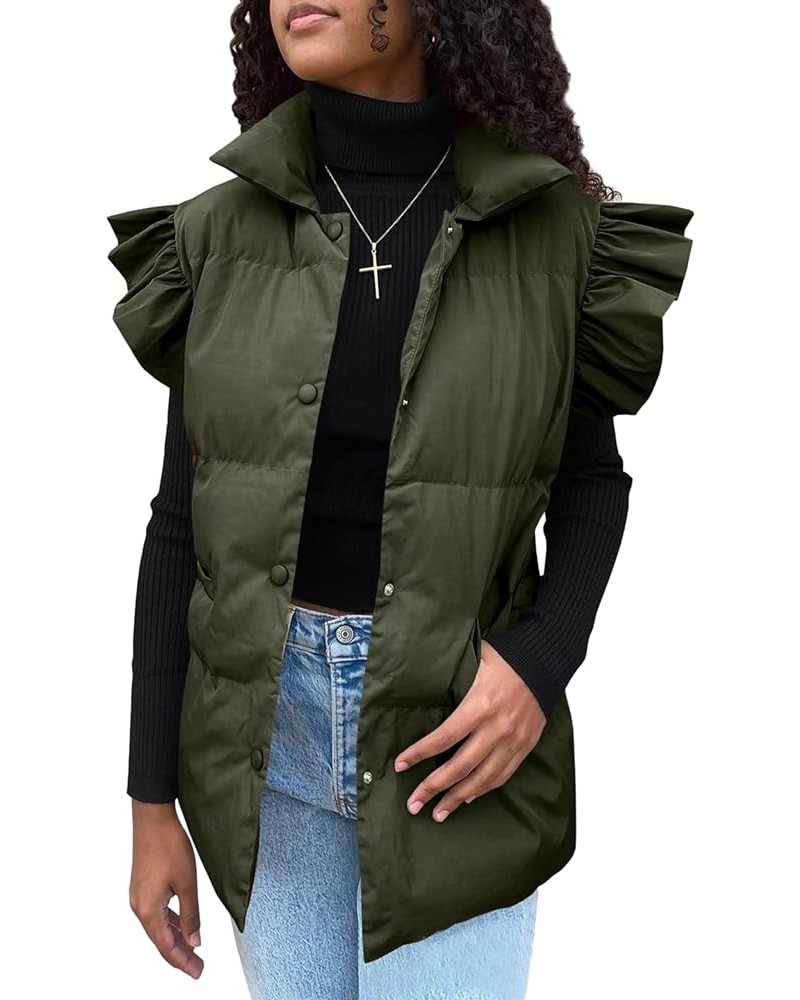 Women's Ruffled Puffer Vests Winter Button Down Padded Qulited Gilet Jacket with Pocket Army Green $22.50 Jackets