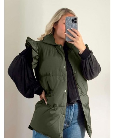 Women's Ruffled Puffer Vests Winter Button Down Padded Qulited Gilet Jacket with Pocket Army Green $22.50 Jackets