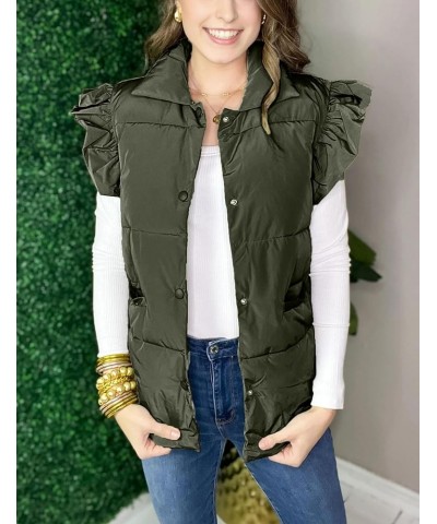 Women's Ruffled Puffer Vests Winter Button Down Padded Qulited Gilet Jacket with Pocket Army Green $22.50 Jackets