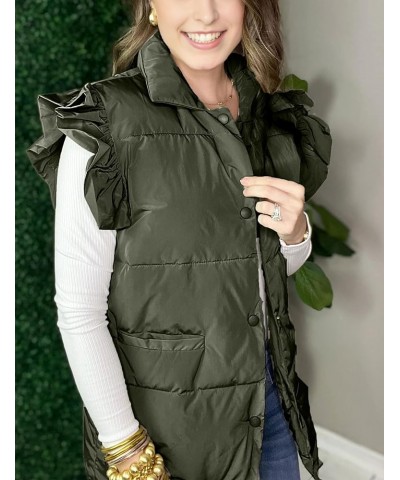 Women's Ruffled Puffer Vests Winter Button Down Padded Qulited Gilet Jacket with Pocket Army Green $22.50 Jackets