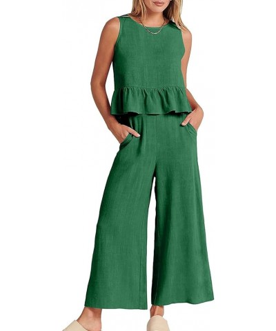 Women's 2 Piece Outfits Round Neck Sleeveless Ruffle Hem Crop Top Wide Leg Pants Set with Pockets Green $23.21 Jumpsuits