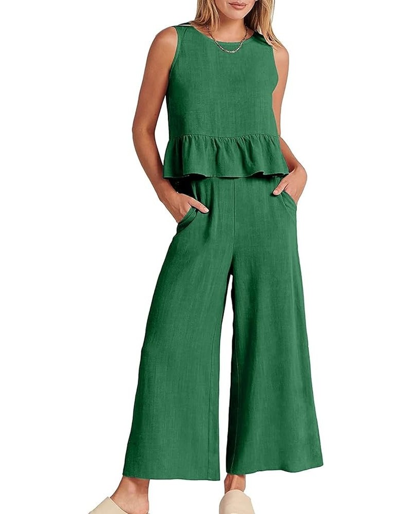 Women's 2 Piece Outfits Round Neck Sleeveless Ruffle Hem Crop Top Wide Leg Pants Set with Pockets Green $23.21 Jumpsuits