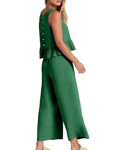 Women's 2 Piece Outfits Round Neck Sleeveless Ruffle Hem Crop Top Wide Leg Pants Set with Pockets Green $23.21 Jumpsuits