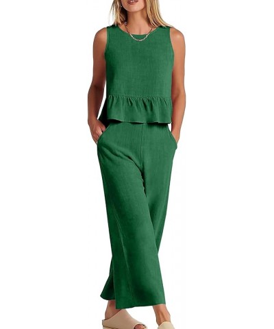 Women's 2 Piece Outfits Round Neck Sleeveless Ruffle Hem Crop Top Wide Leg Pants Set with Pockets Green $23.21 Jumpsuits