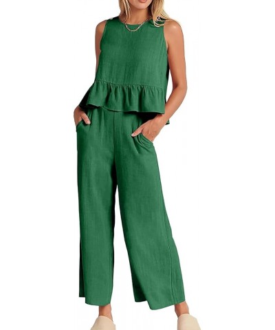 Women's 2 Piece Outfits Round Neck Sleeveless Ruffle Hem Crop Top Wide Leg Pants Set with Pockets Green $23.21 Jumpsuits