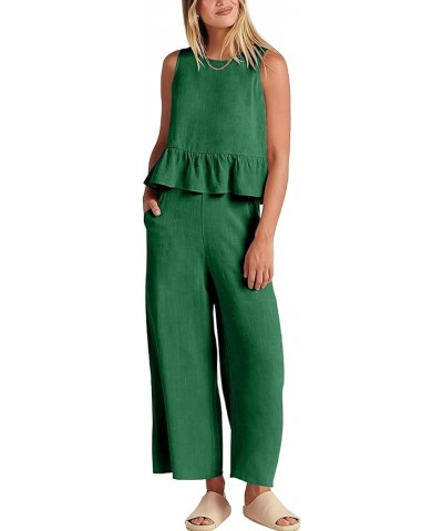 Women's 2 Piece Outfits Round Neck Sleeveless Ruffle Hem Crop Top Wide Leg Pants Set with Pockets Green $23.21 Jumpsuits