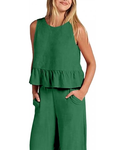 Women's 2 Piece Outfits Round Neck Sleeveless Ruffle Hem Crop Top Wide Leg Pants Set with Pockets Green $23.21 Jumpsuits