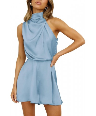 Women's Summer Satin Mock Neck Sleeveless Elastic Waist Party Shorts Jumpsuit Romper Blue $29.63 Rompers