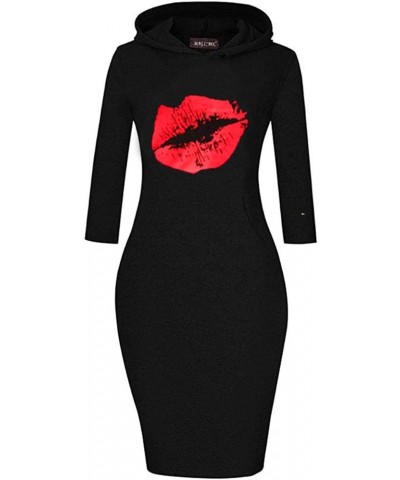 Women Long Sleeve Print Lips Slim Fitted Knee Length Sweatshirt With Pocket Casual Pullover Hoodie Dress Hblack+red $11.52 Ho...