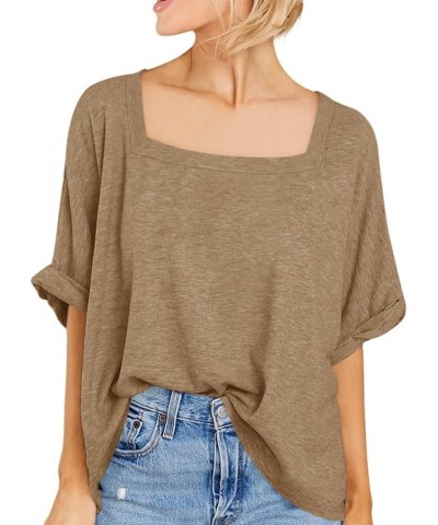 Womens Square Neck Oversized T Shirts Short Sleeve Casual Loose Tees Tops Khaki $13.24 T-Shirts