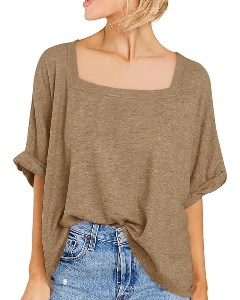 Womens Square Neck Oversized T Shirts Short Sleeve Casual Loose Tees Tops Khaki $13.24 T-Shirts