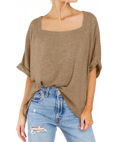 Womens Square Neck Oversized T Shirts Short Sleeve Casual Loose Tees Tops Khaki $13.24 T-Shirts