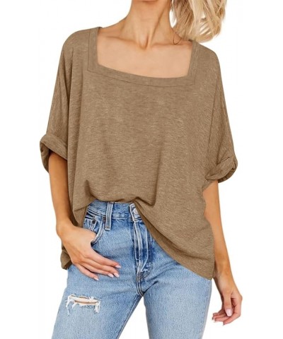 Womens Square Neck Oversized T Shirts Short Sleeve Casual Loose Tees Tops Khaki $13.24 T-Shirts