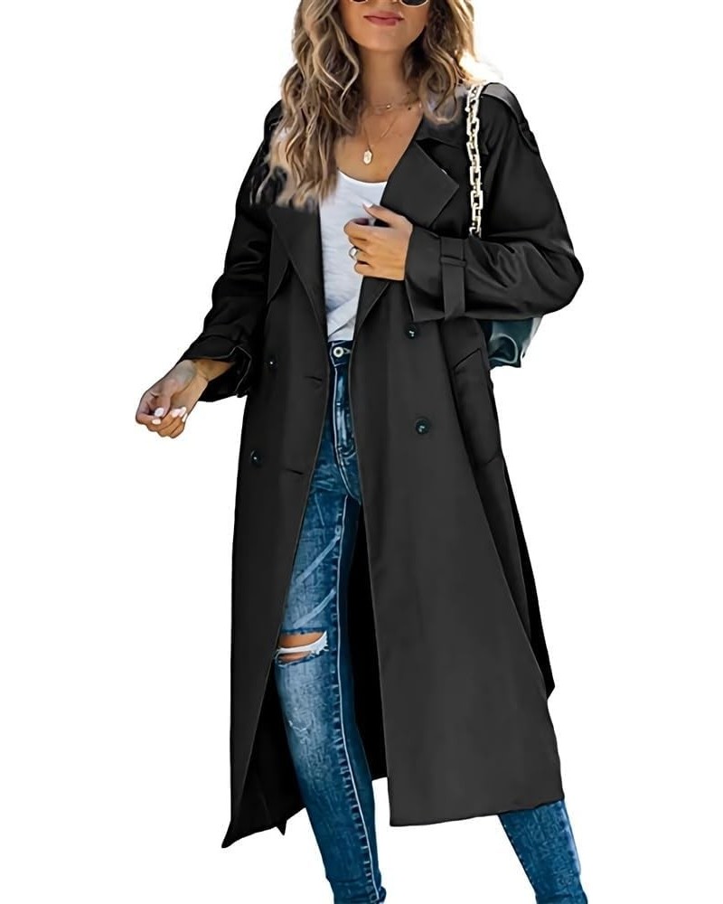 Women's Double Breasted Long Trench Coat, Long Lapel Collar Trench Coats, Open Front Cardigan Outwear Black $24.50 Coats