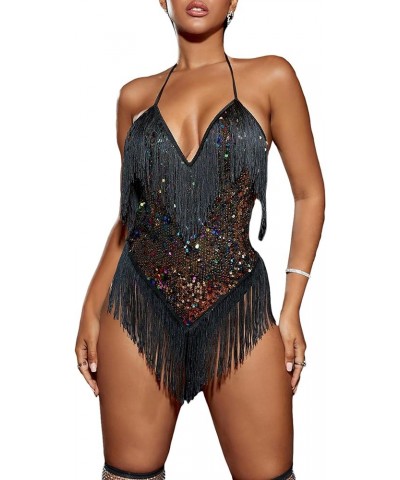 Women's Contrast Sequins Fringe Trim Halter Neck Tie Back Sleeveless Party Bodysuit Rompers Black $25.07 Bodysuits