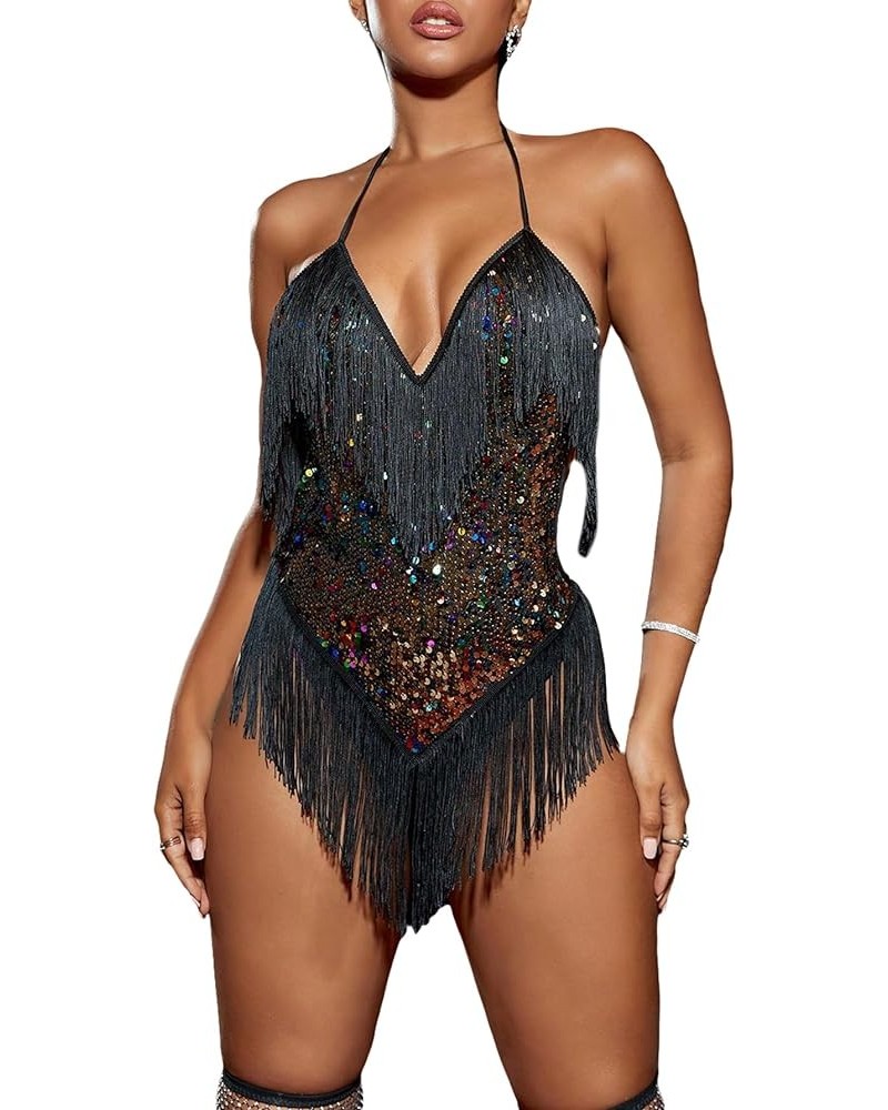 Women's Contrast Sequins Fringe Trim Halter Neck Tie Back Sleeveless Party Bodysuit Rompers Black $25.07 Bodysuits